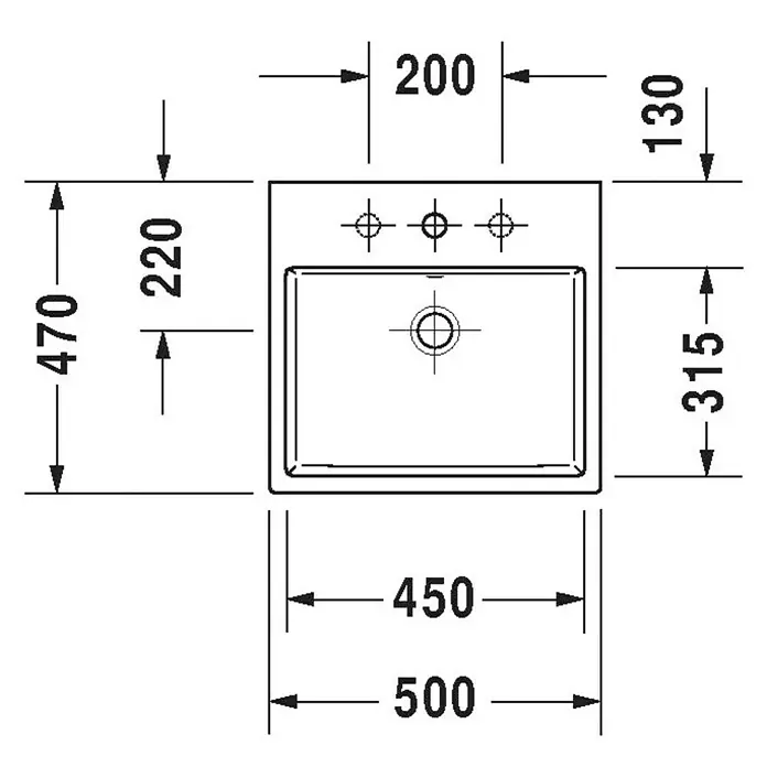 Duravit Vero Air Waschbecken - 50 x 47 cm, Ohne Spezialglasur, Hahnloch: Ohne, Ohne Überlauf, Weiß, Geschliffen - Waschbecken-Draufsicht mit Maßen zur Planung. Die Abmessungen des Waschbeckens sind 500 x 470 mm und geben Details für die Installation an.