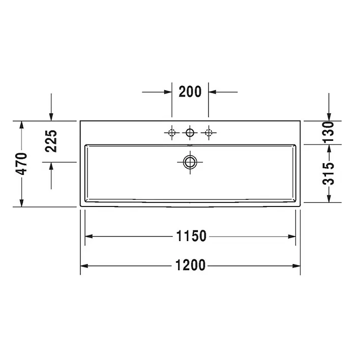 Duravit Vero Air Waschtisch - 120 x 47 cm, Ohne Spezialglasur, Hahnloch: Ohne, Mit Überlauf, Weiß, Ungeschliffen - Draufsicht des Duravit Waschtisch Vero Air mit Bemaßung. Die Maße sind 1200x470mm mit einem Hahnloch und Überlauf.