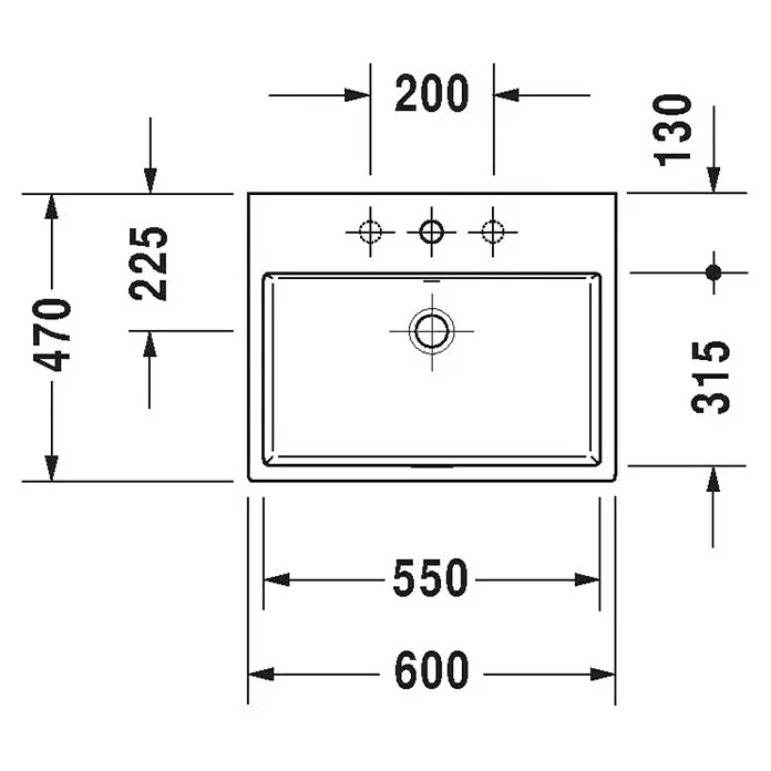Duravit Vero Air Waschtisch - 60 x 47 cm, Ohne Spezialglasur, Hahnloch: Mitte, Ohne Überlauf, Weiß, Geschliffen - Draufsicht auf ein Waschbecken mit den Maßen 600 x 470 mm und einer Beckenbreite von 550 mm, inklusive Armaturenlöchern.