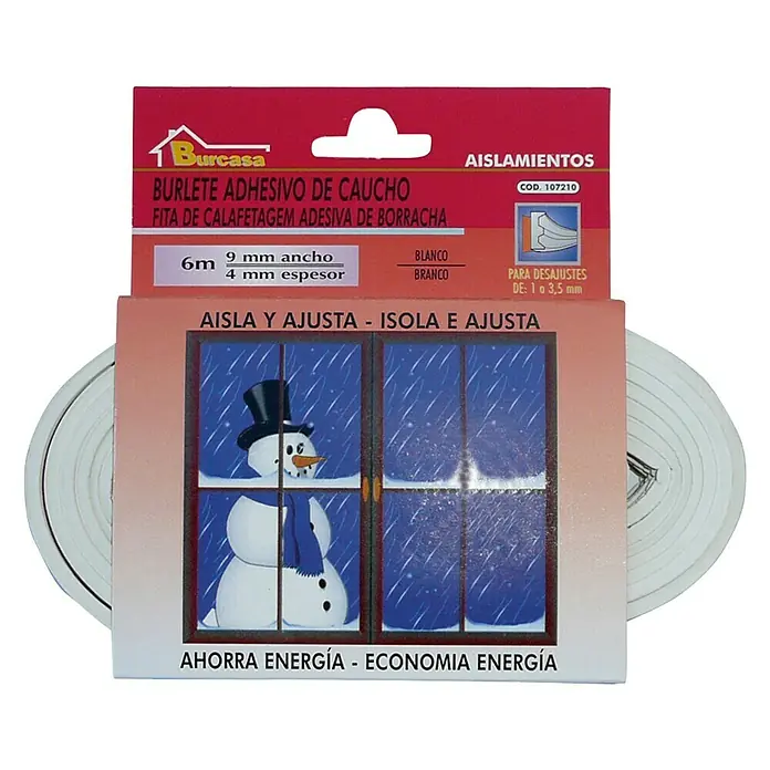 Burlete para ventanas Formato E - Blanco, Largo: 6 m, Desajustes de 1 - 3,5 mm - Imagen de un rollo de cinta de sellado Burcasa de 6 m de longitud, 9 mm de ancho y 4 mm de grosor para el aislamiento de ventanas.