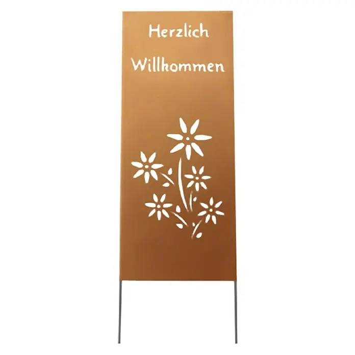Jabo-Design Deko-Schild - Mit Dekor, Edelrost - Dekoratives Gartenschild mit der Aufschrift "Herzlich Willkommen" und Blumendesign, ideal als einladende Gartendekoration.