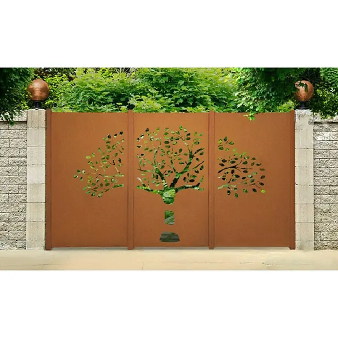 Jabo-Design Sichtschutzelement Triptychon - Edelrost - Rostfarbener Metallzaun mit Baum-Ausschnitten, der einen natürlichen und künstlerischen Akzent im Garten setzt.