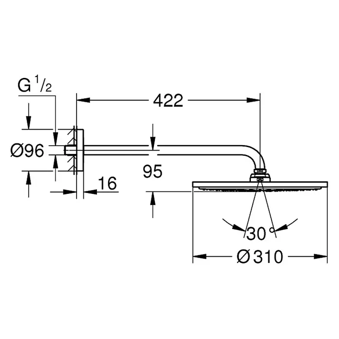 Grohe Rainshower Cosmopolitan 310 Kopfbrausen-Set - Durchmesser: 31 cm, Ausladung: 42,2 cm, 24 l/min, Chrom - Technische Zeichnung des Grohe Rainshower Kopfbrausesystems mit Maßen.