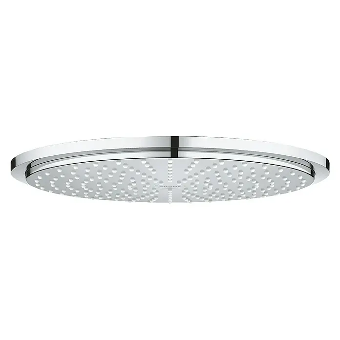 Grohe Rainshower Cosmopolitan 310 Kopfbrause - Durchmesser: 31 cm, 9,5 l/min, Anzahl Funktionen: 1 Stk., Chrom - Nahaufnahme eines Hansgrohe Raindance Select E 300 2jet Duschkopfes in Chrom. Der Duschkopf ist rund und hat viele kleine Düsen.