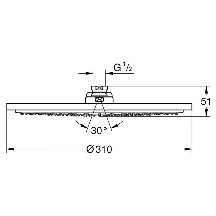 Grohe Rainshower Cosmopolitan 310 Kopfbrause - Durchmesser: 31 cm, 9,5 l/min, Anzahl Funktionen: 1 Stk., Chrom - Abbildung eines Duschkopfs mit Maßangaben, einschließlich Durchmesser (310 mm) und Höhe (51 mm). Das Produkt verfügt über einen G 1/2-Zoll-Anschluss.