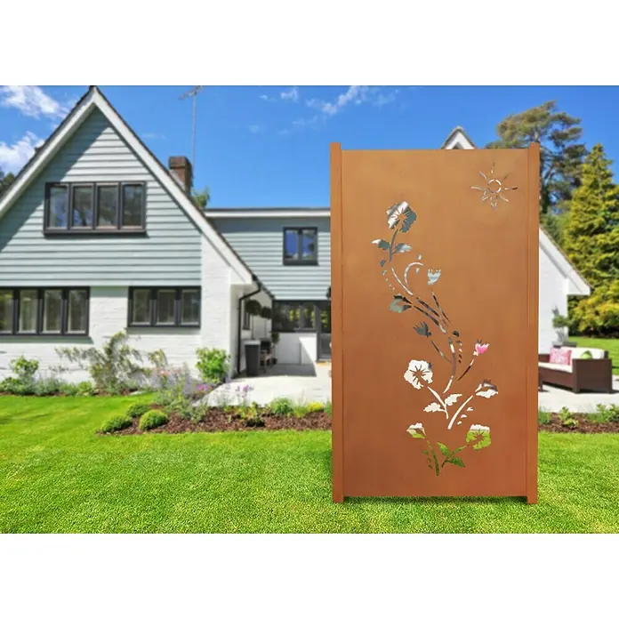 Jabo-Design Sichtschutzelement Set - Dekor Lilie, Edelrost, Stahl - Rostfarbener Gartenzaun mit floralem Muster. Blickdichte Gartendekoration für den Außenbereich mit Blumen- und Sonnenmotiv.