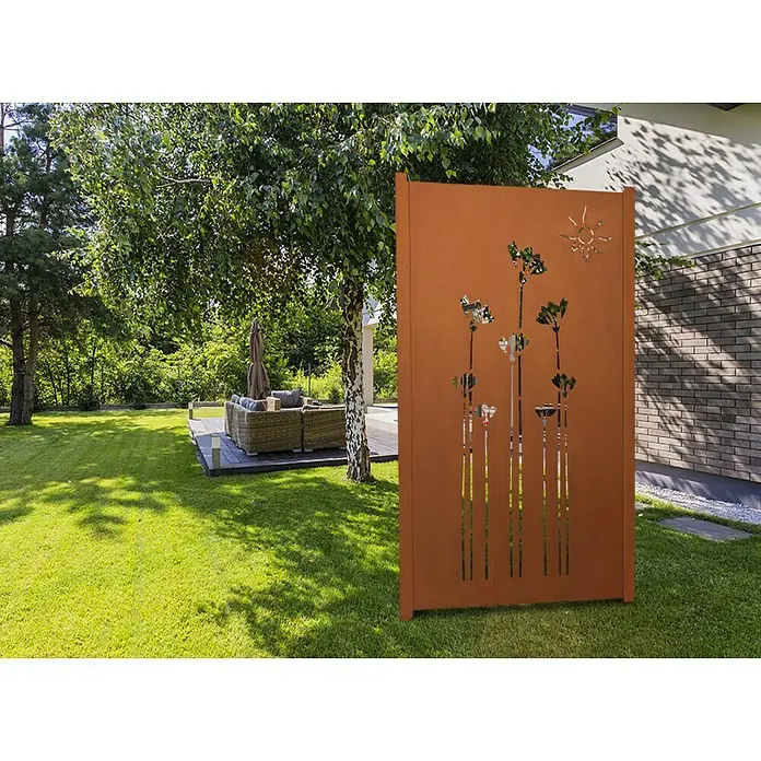 Jabo-Design Sichtschutzelement Set - Dekor Mohn, Edelrost, Stahl - Rostfarbener Sichtschutz aus Metall mit Blumendesign, ideal für Garten und Terrasse. Stilvoll und funktional für Privatsphäre im Außenbereich.