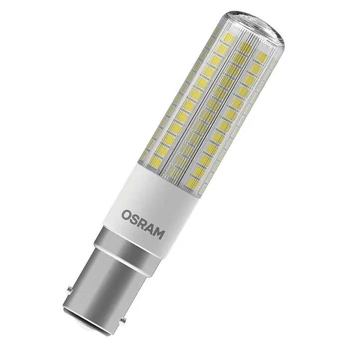 Osram LED-Lampe - B15d, Nicht Dimmbar, Warmweiß, 806 lm, 7 W - Nahaufnahme einer länglichen OSRAM LED Lampe mit Bajonettsockel und durchsichtigem Gehäuse.