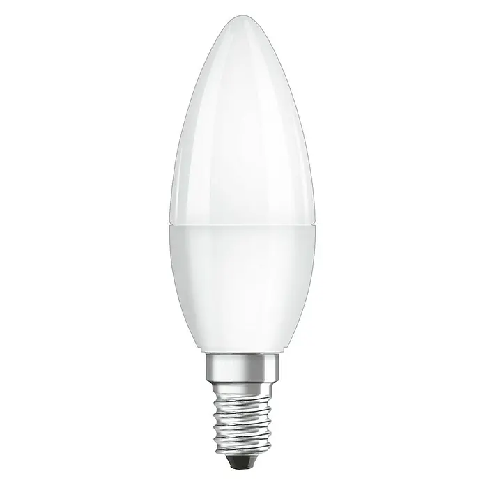 Osram Star LED-Lampe - E14, Nicht Dimmbar, Warmweiß, 470 lm, 5,5 W - Nahaufnahme einer LED-Lampe in Kerzenform mit E14-Sockel, ideal für stimmungsvolle Beleuchtung im Haus.
