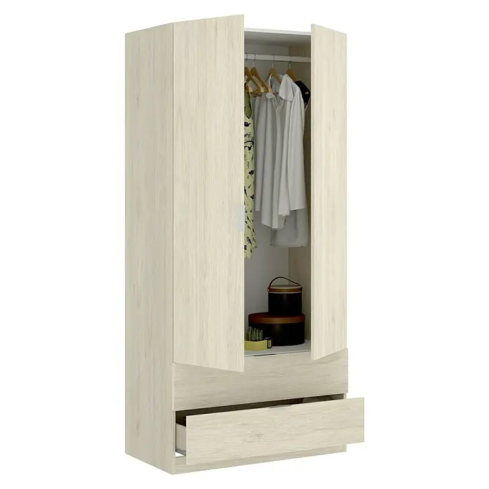 Dekit Armario para ropa Essen con cajones - L x An x Al: 52 x 81 x 184 cm, Natural, Número de cajones: 2 ud. - Este armario con aspecto de madera clara con puertas abiertas y un cajón ofrece un práctico espacio de almacenamiento para ropa y accesorios.