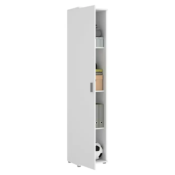 Dekit Armario multiusos de madera Fit - L x An x Al: 35 x 39 x 190 cm, Número de baldas: 4 ud., Blanco - Imagen de un armario de baño alto y blanco con estantes que contienen varios artículos. Ideal para la organización del baño.