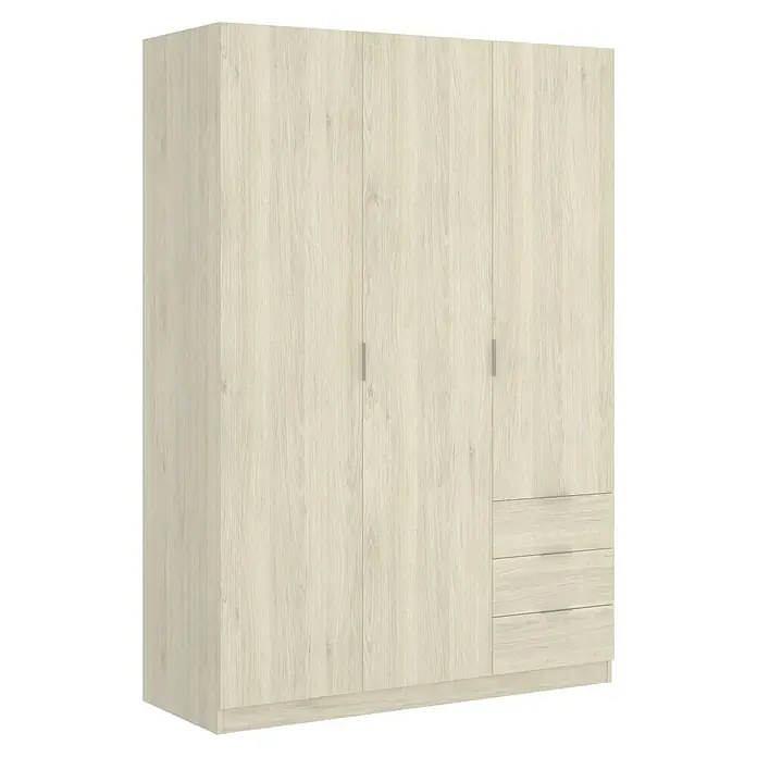 Dekit Armario para ropa Essen con cajones - L x An x Al: 52 x 121 x 184 cm, Natural, Número de cajones: 3 ud. - Armario de tres puertas en diseño de madera clara con cajones. Solución de almacenamiento práctica y elegante.