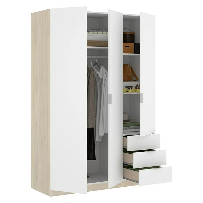 Dekit Armario para ropa Essen con cajones - L x An x Al: 52 x 121 x 184 cm, Blanco/Natural, Número de cajones: 3 ud. - Un armario espacioso en blanco y con aspecto de madera con puertas y cajones abiertos, que ofrece mucho espacio de almacenamiento.