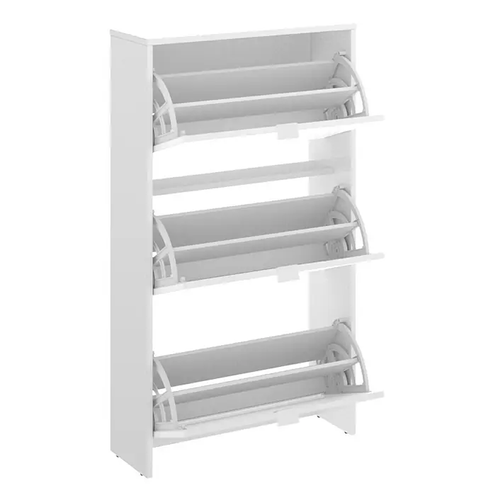 Dekit Zapatero Jazz - L x An x Al: 25 x 61 x 113 cm, Blanco - Zapatero blanco con tres compartimentos abatibles, que ofrece un almacenamiento elegante y práctico para la entrada. Optimización del espacio.