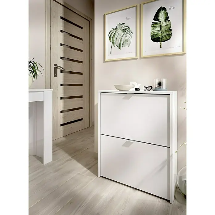 Dekit Zapatero Jazz - L x An x Al: 25 x 61 x 76 cm, Blanco - Un elegante zapatero blanco con dos compartimentos, que combina funcionalidad y diseño moderno para una entrada organizada.