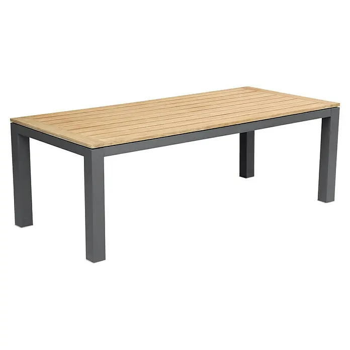Sunfun Gartentisch Lynn - L x B x H: 220 x 100 x 76 cm, Akazie, Aluminium, Teakbraun, Anthrazit - Bild eines modernen Gartentisches mit Holzplatte und grauem Metallgestell. Der Tisch ist stabil und elegant.