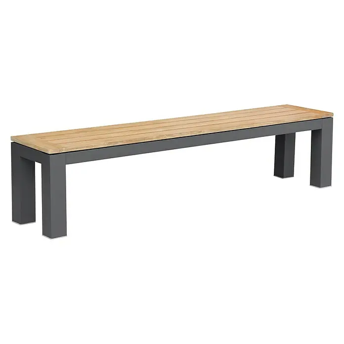 Sunfun Gartenbank Lynn - B x T x H: 195 x 40 x 45 cm, Naturbraun/Anthrazit - Diese Aufnahme zeigt eine lange, schlanke Bank mit Holzlatten und robustem, grauem Rahmen. Die Bank ist ideal für Außenbereiche.