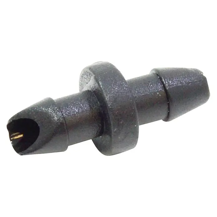 Acoplamiento de manguera de microgoteo - 4 mm, 25 ud. - Primer plano de un conector de manguera negro, con extremos estriados y un abultamiento cilíndrico en el centro.