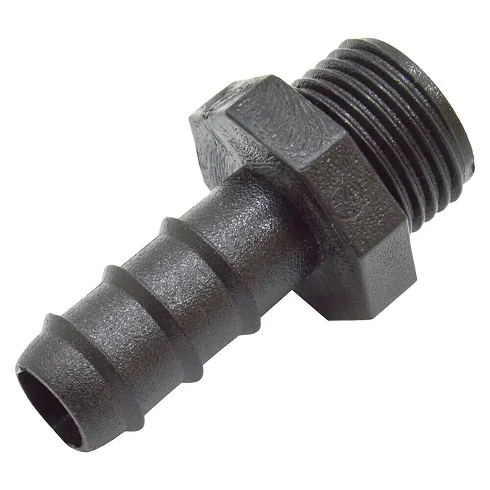 Conector para manguera goteo Macho - ½″, 16 mm, Plástico - Conector de manguera negro con conexión roscada, ideal para tuberías de agua y sistemas de riego.