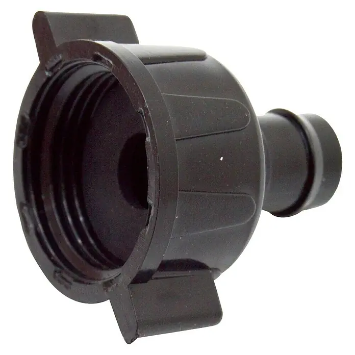 Conector para manguera goteo Hembra - ¾″, 16 mm, Plástico - Primer plano de un conector de manguera de plástico negro con extremo roscado y fijación de manguera acanalada.