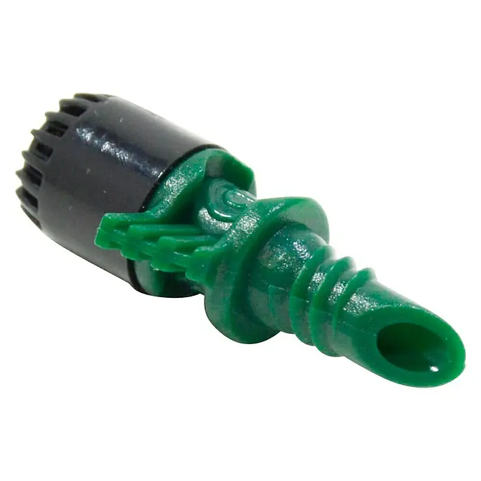 Tobera pulverizadora microdifusora 360º 60 L/H - 10 ud., Formas de riego: 360° - Primer plano de un aspersor de riego verde y negro que se utiliza para regar las plantas.