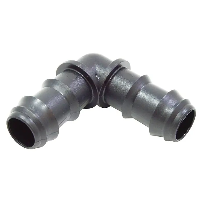 Codo goteo - Diámetro: 16 mm, Plástico, 50 ud. - Conector de manguera negro en forma de L, ideal para sistemas de riego. Construcción de plástico duradero para un rendimiento duradero en el jardín.