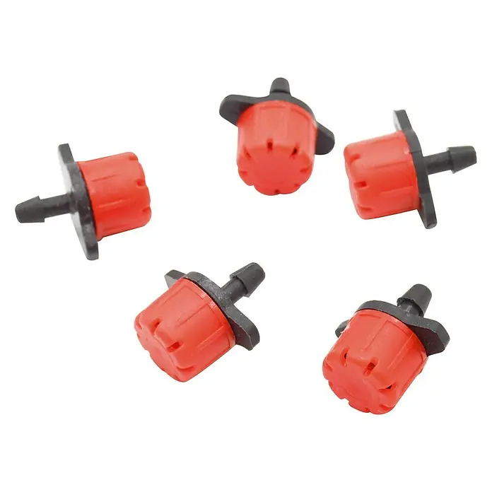 Gotero lineal regulable - 70 l/h, 5 ud. - Cinco goteros de riego rojos con conector negro para un riego de jardín preciso. Ideal para macetas y parterres.