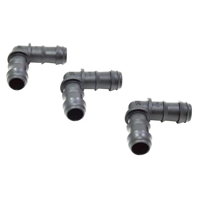 Codo goteo - Diámetro: 16 mm, Plástico, 3 ud. - Imagen del producto de tres racores de codo negros de 90 grados, perfectos para conexiones de mangueras.
