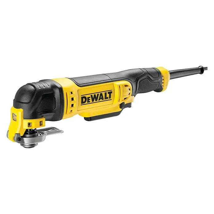 DeWalt Elektro-Multifunktionswerkzeug DWE315 - 300 W, Sonstige - Das Bild zeigt ein gelb-schwarzes DeWalt Oszillierwerkzeug vor einem schwarzen Hintergrund. Hervorgehobene Details sind die Marke und das Zubehör.