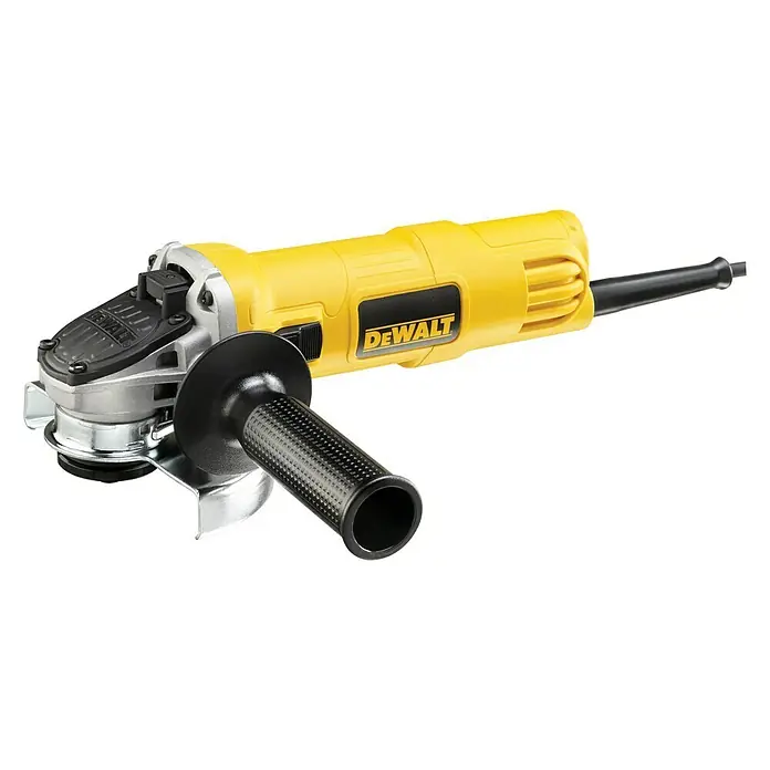 DeWalt Elektro-Winkelschleifer DWE4057 - 800 W, Durchmesser Scheibe: 125 mm, Leerlaufdrehzahl: 11.800 U/min - Nahaufnahme eines gelben DeWalt Winkelschleifers mit schwarzem Griff und silberner Schleifscheibe, der professionelle Qualität verspricht.