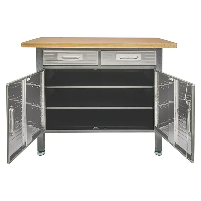 Werkbank mit Schubladen & Unterschrank - L x B: 61 x 122 cm, Arbeitshöhe: 95 cm, Belastbarkeit: 315 kg, Anthrazit/Silber - Metallwerkbank mit Holzplatte, zwei Schubladen und offenen Schrankfächern mit Flügeltüren für die Werkstatt.