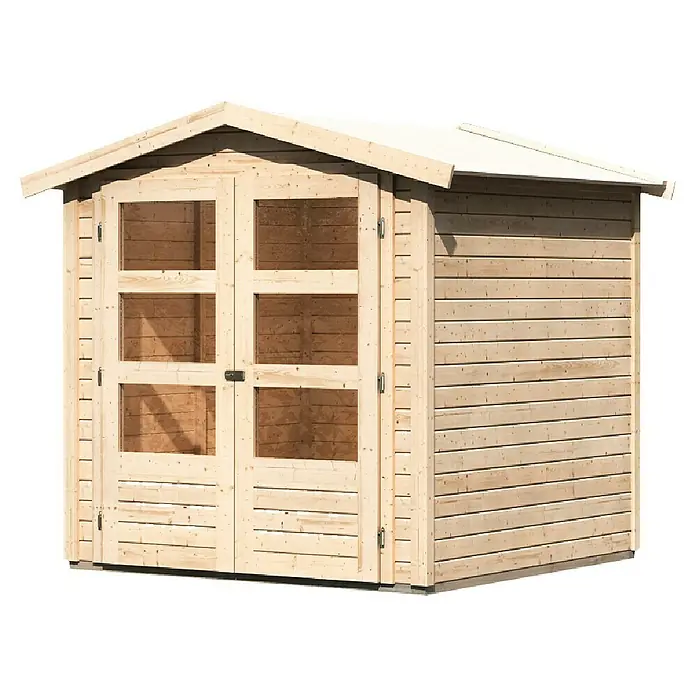 Karibu Gartenhaus Amberg - Außenmaß inkl. Dachüberstand (B x T): 213 x 197 cm, Holz, Natur - Ein geräumiges Holzgartenhaus mit Doppeltüren und Fenstern, ideal für die Aufbewahrung von Gartengeräten und -möbeln.