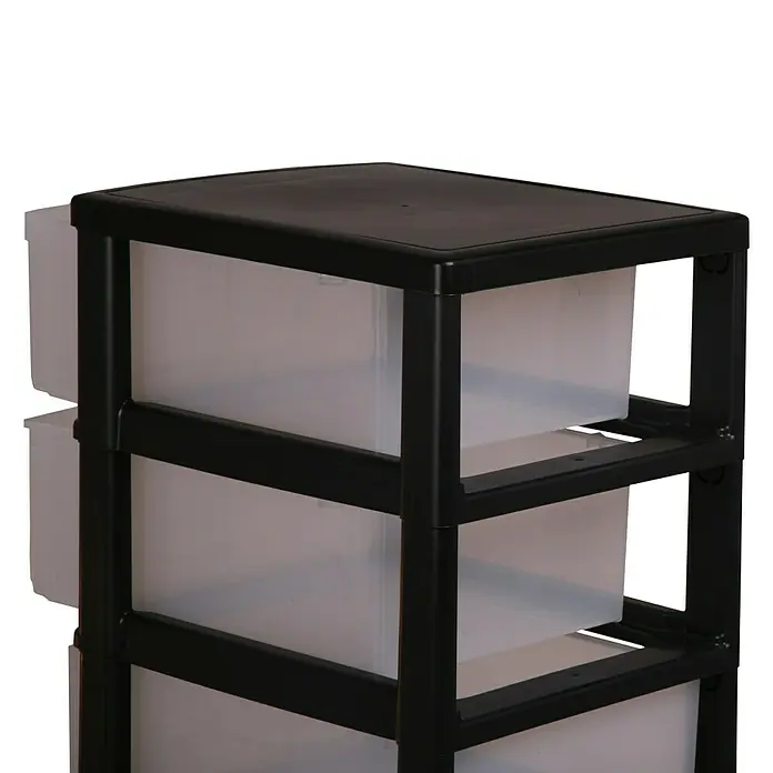 Cajonera con ruedas - L x An x Al: 40 x 29 x 61,5 cm, Número de cajones: 6 ud., Plástico - Primer plano de una unidad de almacenamiento de cajones negra con cajones transparentes sobre un fondo negro.