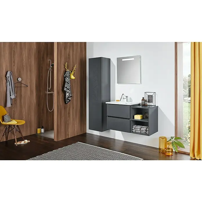 Sanipa Badmöbel-Set Solo One Euphoria - 78 cm, Anthrazit - Dieses moderne Badezimmer verfügt über einen grauen Waschtisch mit integriertem Waschbecken und Stauraum, sowie einen passenden Spiegelschrank.