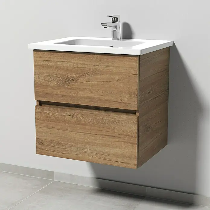 Sanipa Badmöbel-Set Solo One Euphoria - 60 cm, Eiche-Kansas - Ein moderner Badezimmerschrank mit zwei Schubladen in Holzoptik und einem weißen Waschbecken mit Armatur.