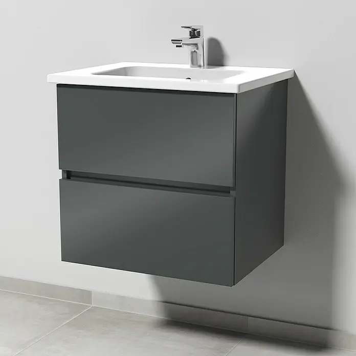 Sanipa Badmöbel-Set Solo One Euphoria - 60 cm, Anthrazit - Modernes Badezimmer-Waschbecken mit grauem Unterschrank und Schubladen, die Stauraum bieten und das Bad aufwerten.