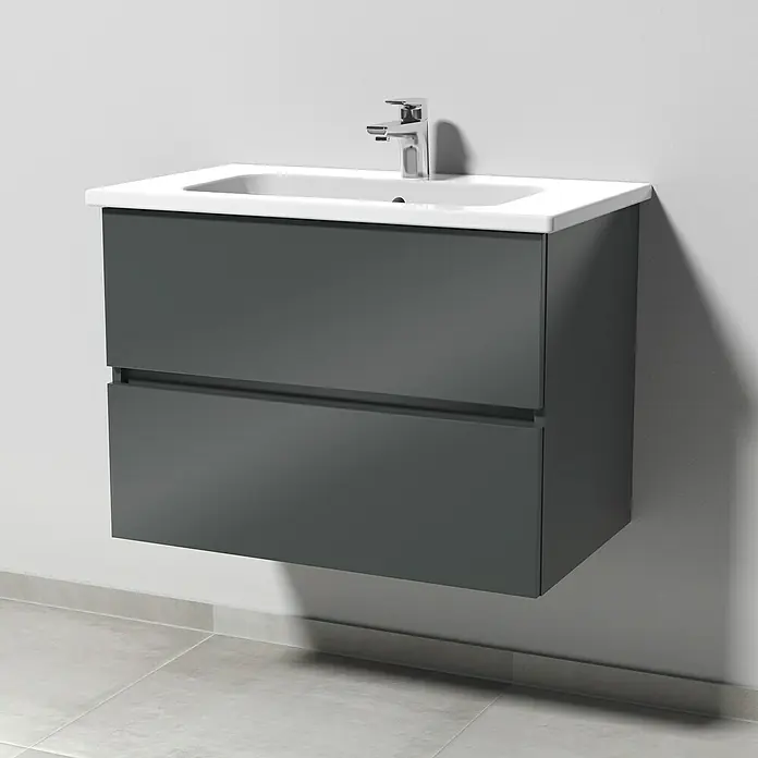 Sanipa Badmöbel-Set Solo One Euphoria - 78 cm, Anthrazit - Ein moderner, grauer Waschbeckenunterschrank mit zwei Schubladen und einem weißen Waschbecken, ideal für jedes Badezimmer.