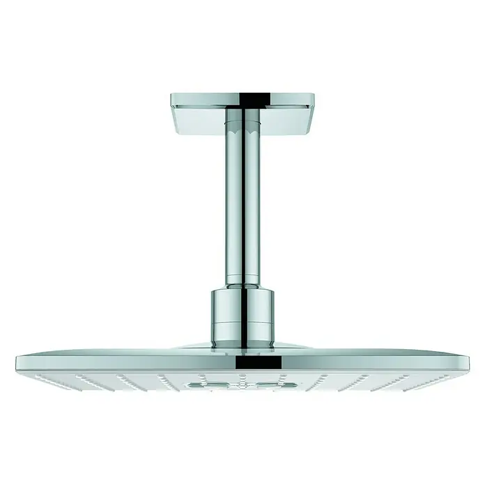 Grohe Rainshower SmartActive Kopfbrausen-Set 310 Cube - 31 x 31 cm, 25 l/min, Deckenmontage, Moonwhite/Chrom - Das Bild zeigt einen eleganten, quadratischen Duschkopf mit einer verchromten Oberfläche, der für ein modernes Badezimmerdesign geeignet ist.