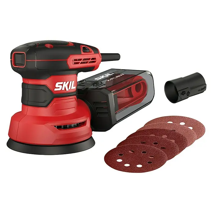 Skil Elektro-Exzenterschleifer 7471 AA - 300 W, Durchmesser Schleifteller: 125 mm - SKIL Akku-Exzenterschleifer mit Staubabsaugung, Akku, Staubsaugeradapter und Schleifscheiben für effektive Holzbearbeitung.