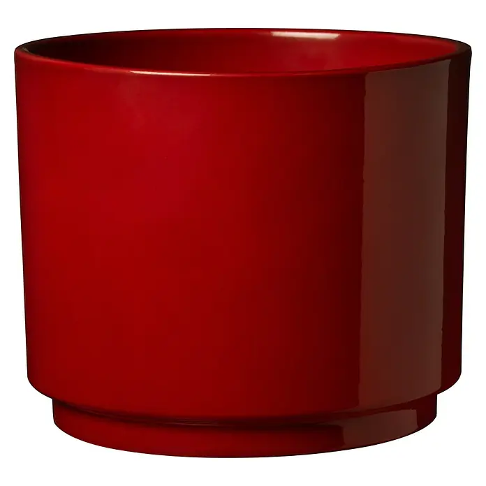 Soendgen Keramik Übertopf rund Oslo Seventies - Außenmaß (Ø x H): 22 x 19 cm, Kaminrot, Keramik, Glänzend - Roter, glänzender Übertopf für Zimmerpflanzen. Das Gefäß ist zylinderförmig und steht auf einem leicht erhöhten Sockel.