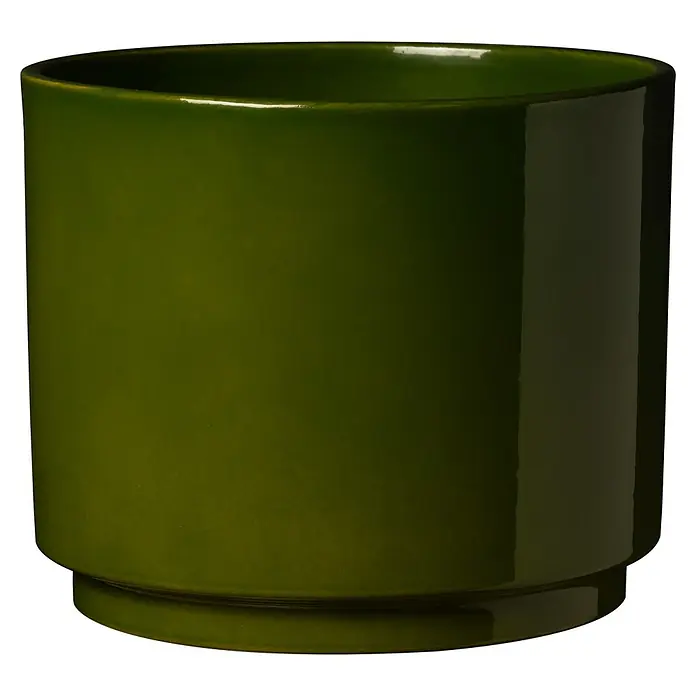 Soendgen Keramik Übertopf rund Oslo Seventies - Außenmaß (Ø x H): 22 x 19 cm, Altgrün, Keramik, Glänzend - Nahaufnahme eines leuchtend grünen, zylindrischen Pflanzgefäßes mit glänzender Oberfläche und einem subtilen Sockel, ideal für Zimmerpflanzen.