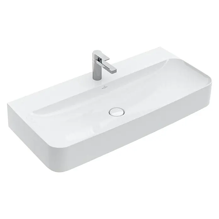 Villeroy & Boch Finion Waschtisch - 100 x 47 cm, Mit schmutzabweisender Glasur, Ohne Überlauf, Oberfläche Beckenunterseite: Geschliffen, Weiß - Elegantes, rechteckiges Aufsatzwaschbecken in Weiß mit moderner Armatur, perfekt für stilvolle Badezimmerdesigns.