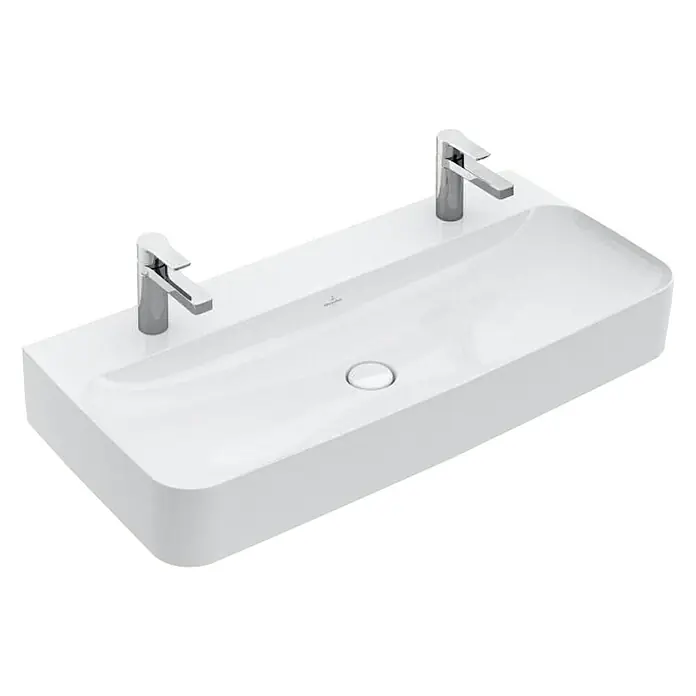 Villeroy & Boch Finion Doppelwaschtisch - 100 x 47 cm, Mit schmutzabweisender Glasur, Oberfläche Beckenunterseite: Geschliffen, Hahnloch: Mitte, Weiß - Ein modernes, rechteckiges Waschbecken mit zwei Chromarmaturen und einem mittigen Abfluss. Elegantes Design für jedes Badezimmer.