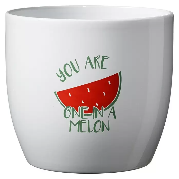 Soendgen Keramik Übertopf rund Charming Fruits - Außenmaß (Ø x H): 8 x 7 cm, Weiß, Keramik, Melon - Weißer Keramik-Pflanztopf mit "You Are One In A Melon"-Design und rotem Wassermelonenscheibenmotiv.