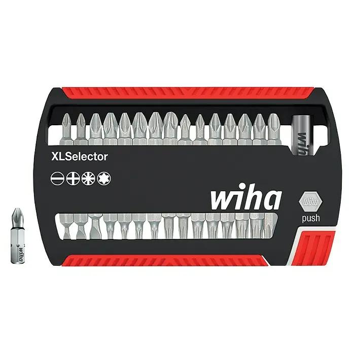 Wiha Bit-Set XLSelector Standard 25 mm - 31 -tlg. - Wiha XLSelector Bit-Set mit verschiedenen Schraubendreher-Bits und magnetischem Bithalter für vielfältige Schraubanwendungen.
