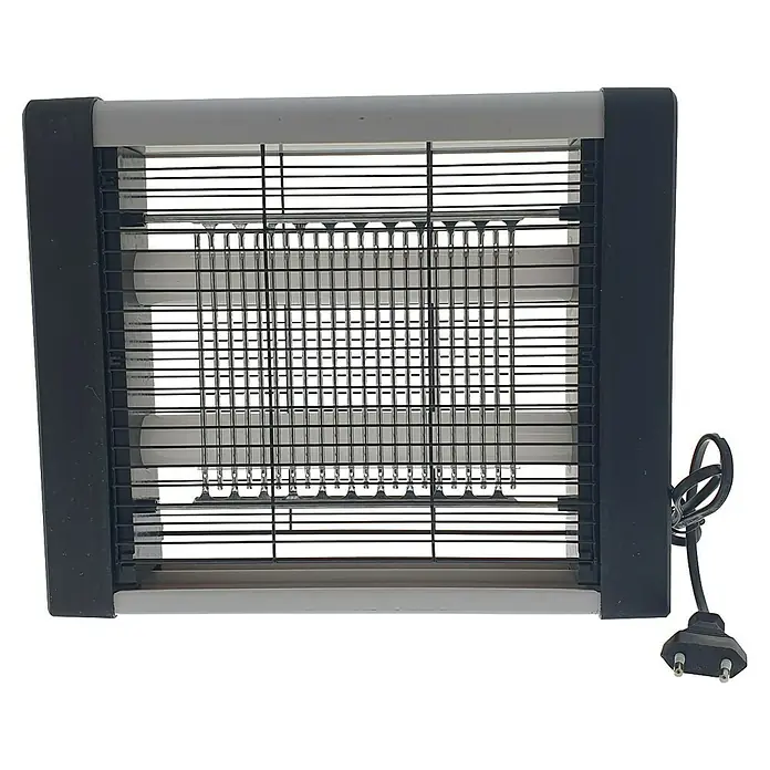 Matainsectos eléctrico Parrilla Insect Killer - Negro - Calefactor eléctrico con rejilla protectora y cable de alimentación sobre fondo negro.