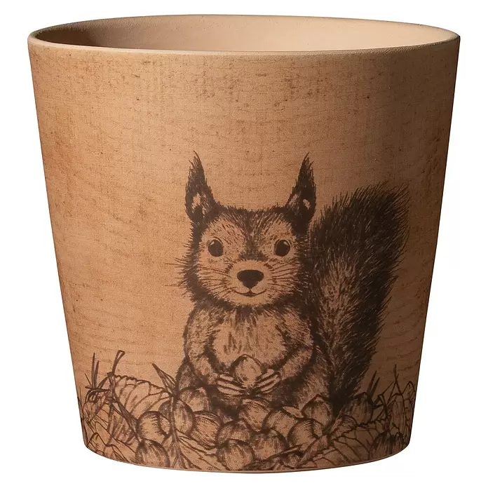 Soendgen Keramik Übertopf rund Dallas Forest Friends - Außenmaß (Ø x H): 14 x 13 cm, Braun, Keramik, Eichhörnchen - Terrakotta-Blumentopf mit Eichhörnchen-Illustration, das eine Nuss hält.