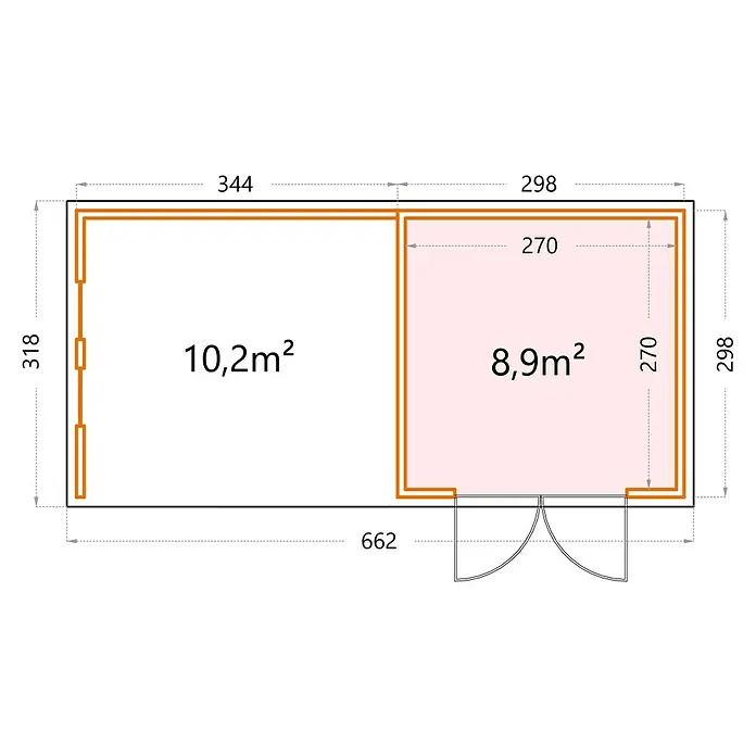 Telluria Metallgerätehaus Classico 3030 mit Lounge L links inkl. 2 Fenster und Elektro-Set - Außenmaß inkl. Dachüberstand (B x T): 662 x 318 cm, Stahl, Weiß, Inkl. Innenwandverkleidung & Elektro-Set - Grundriss eines Gartenhauses mit zwei Räumen: Der größere Raum misst 10,2 m², der kleinere 8,9 m². Die Gesamtbreite beträgt 662 cm.