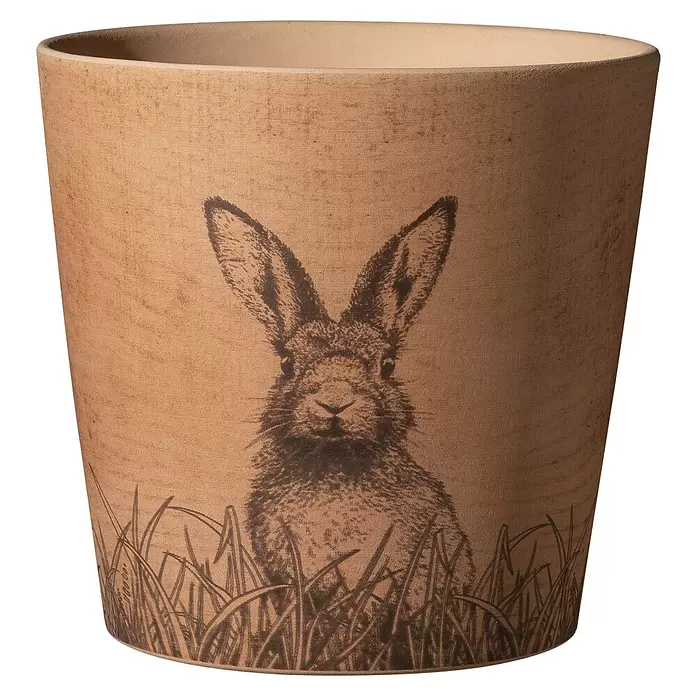 Soendgen Keramik Übertopf rund Dallas Forest Friends - Außenmaß (Ø x H): 14 x 13 cm, Braun, Keramik, Hase - Hellbrauner Pflanztopf mit einer dunkelbraunen Hasengrafik, die durch Gras blickt.