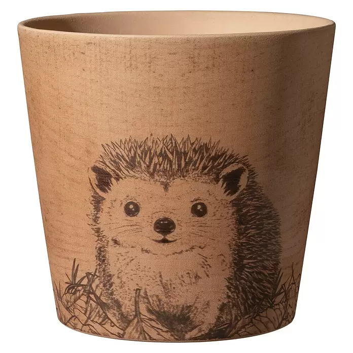 Soendgen Keramik Übertopf rund Dallas Forest Friends - Außenmaß (Ø x H): 14 x 13 cm, Braun, Keramik, Igel - Terrakotta-ähnlicher Blumentopf mit niedlicher Igel-Illustration.